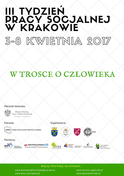 Plakat informujący o III Tygodniu Pracy Socjalnej w Krakowie, 3-8 kwietnia 2017 r.
