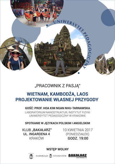 Plakat informujący o spotkaniu z prof. Hoa Kim Ngan Nhu-Tarnawską „Wietnam, Kambodża, Laos – projektowanie własnej przygody w trzech fascynujących krajach Azji Południowo-Wschodniej”, 10 kwietnia 2017