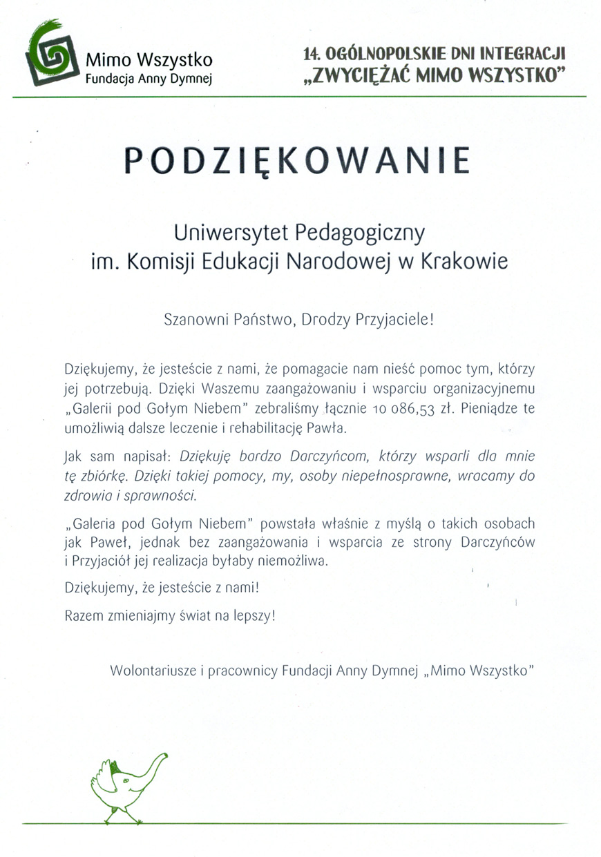 Podziękowania do Fundacji Anny Dymnej „Mimo Wszystko”