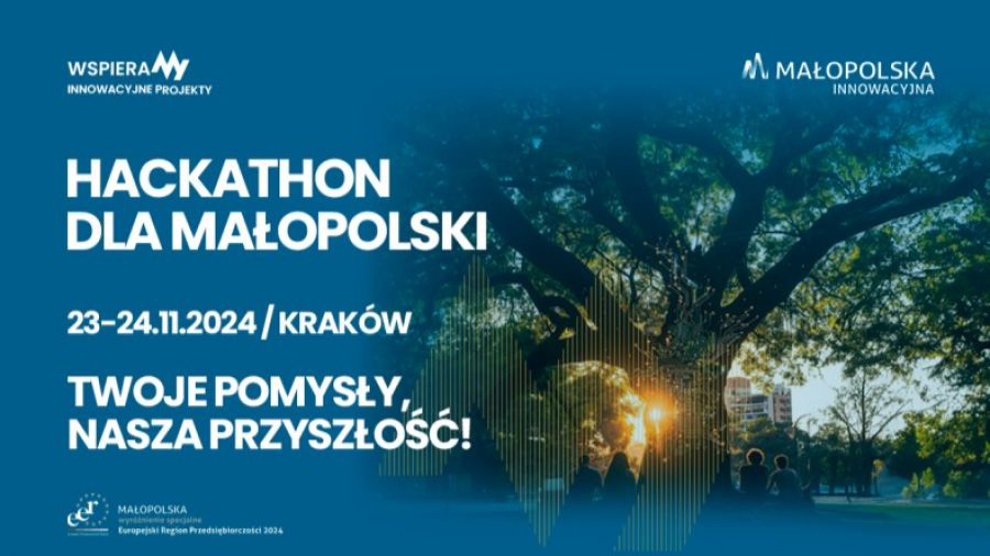 fotografia drzewa, tekst: Hackathon dla Małopolski, 23-24 listopada 2024/Kraków, Twoje pomysły, nasza przyszłość