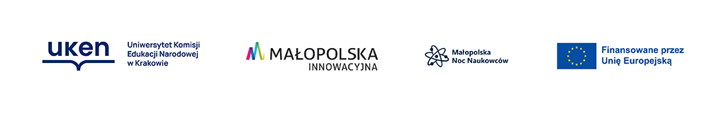 Loga: Uniwersytetu Komisji Edukacji Narodowej w Krakowie, Innowacyjna Małopolska, Małopolska Noc Naukowców, Finansowane przez Unię Europejską