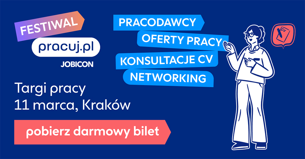 Festiwal Pracuj.pl Jobicon  (baner) tekst: pracodawcy, oferty pracy, konsultacje CV, networking; pobierz darmowy bilet; logo i data festiwalu